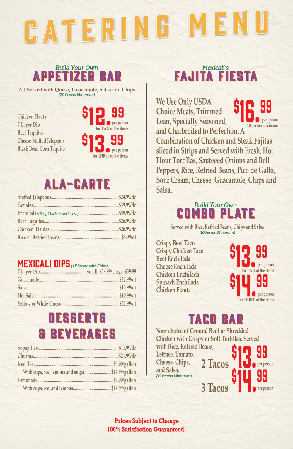 Catering menu for Mexicali Border Cafe